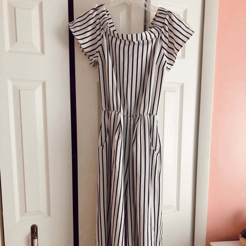 off the shoulder striped jumpsuit